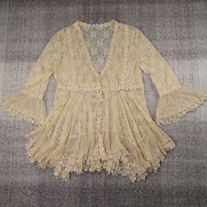 Adore Sheer Floral Lace Cardigan Top XL Cream Bell Sleeve Ruffle Tie Waist Boho